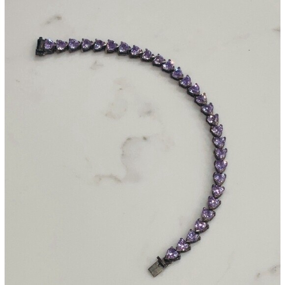 Vintage Sterling Silver Bracelet Purple Glass Heart Stones Signed 7" - Picture 14 of 14